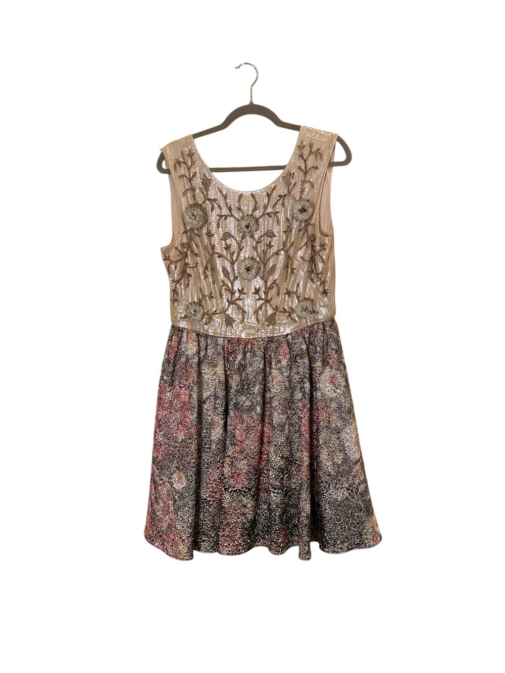 Marchesa Notte Metallic Embellished Gold Floral Jacquard A-line Mini Dress sz 14